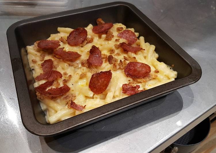 Recipe of Favorite Mac n Cheese topped with crispy salami