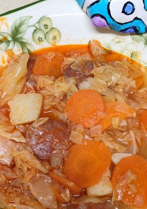 A picture of Boiled Cabbage with Potatoes and Chorizo.