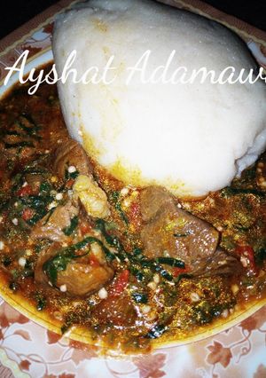 A picture of Tuwon shinkafa and okro soup.
