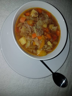 A picture of Mince meat and vegetable soup.