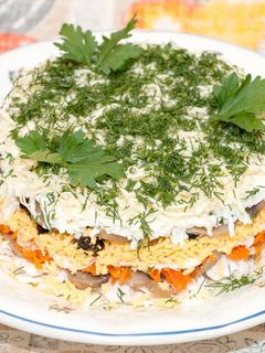 Фото Многослойный салат с куриным мясом и черносливом.
