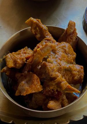 A picture of Kosha Mangsho or Slow cooked mutton for Dol Purnima.
