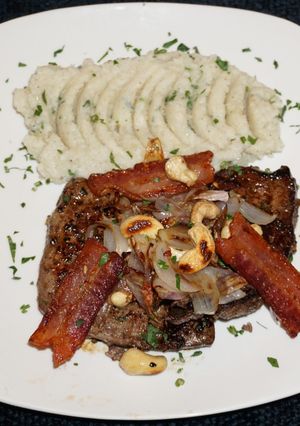 A picture of Pan-Seared Liver with Shallots, Bacon, and Cashews (Keto, Jon Style).