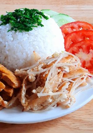 A picture of Vegan Broken Rice with Grilled Pork Chop and Shredded Tofu Skin.