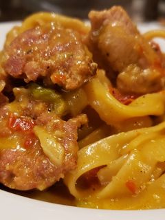 A picture of Chicken and Sausage Cajun Pasta.
