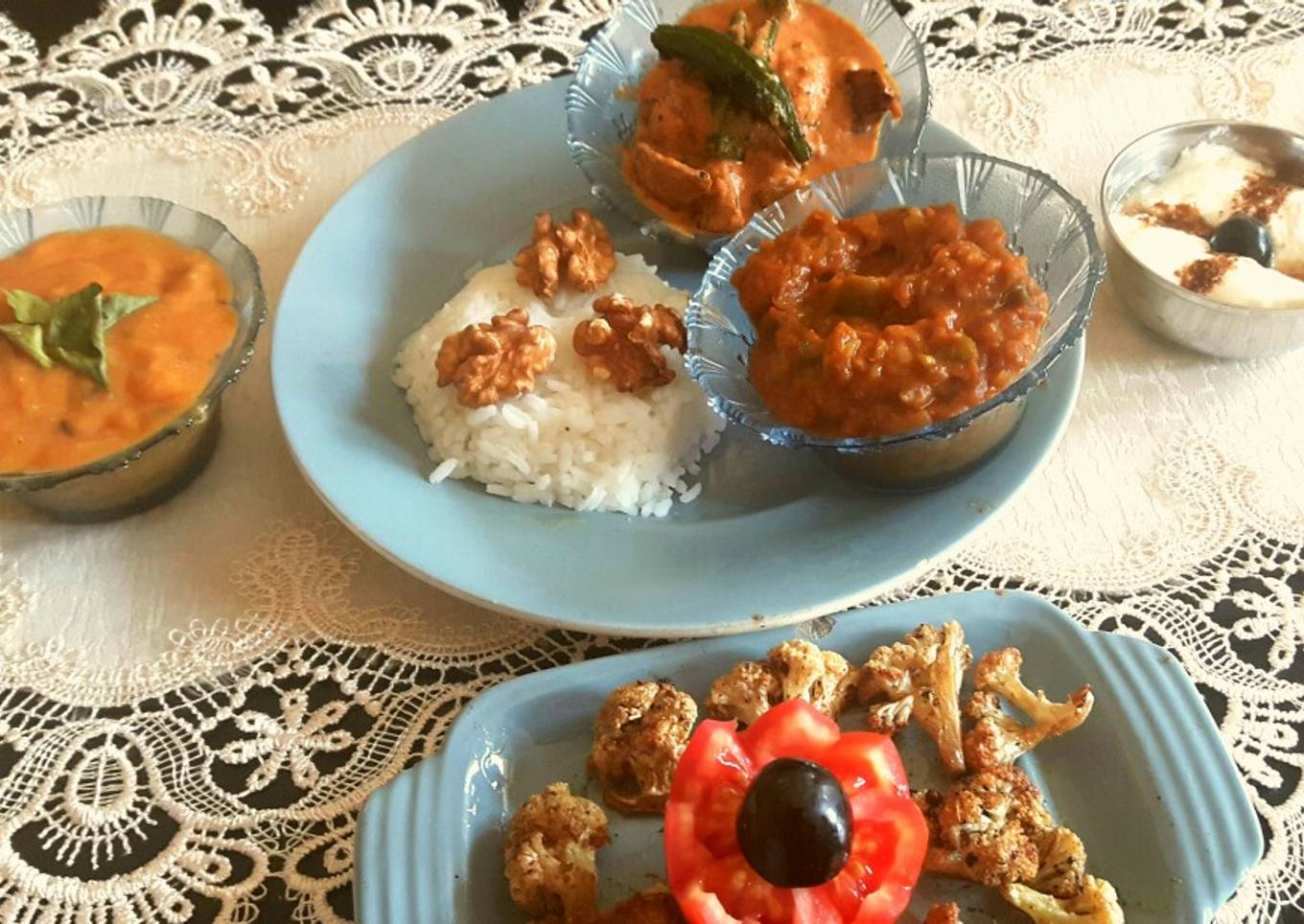 Dinner: Okra veg delight with rice, dal and peas pot vegetables