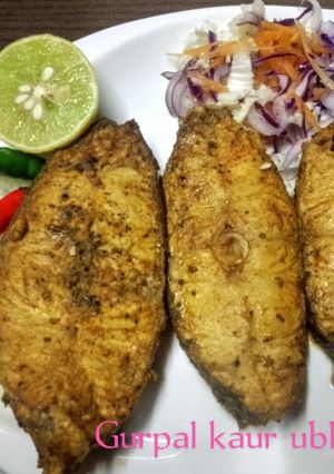 A picture of Simple Masala fried fish with Rainbow crunch salad.
