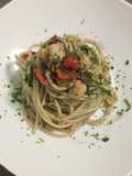 Spaghetti with scallops and squid ink