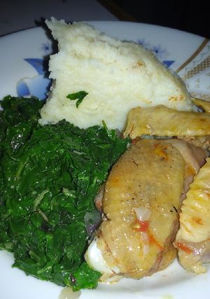 A picture of Kienyeji chicken with greens #CharityRecipe #4WeeksChallenge.