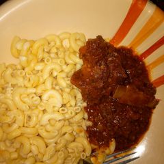A picture of Macaroni with mutton stew.