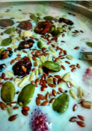 A picture of Banana oats and seeds breakfast delight.