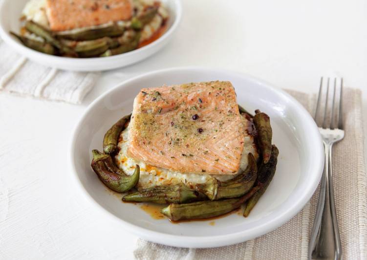 Roasted Salmon with Okra, Grits, and Sherry Paprika Vinaigrette