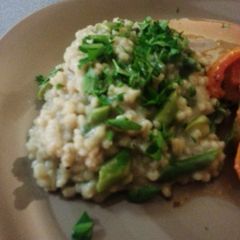 A picture of Asiago and Asparagus Barley 'Risotto'.