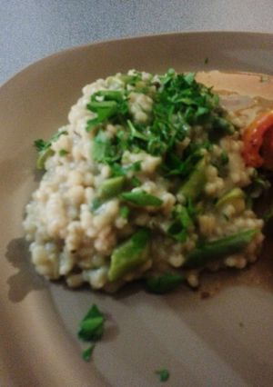 A picture of Asiago and Asparagus Barley 'Risotto'.