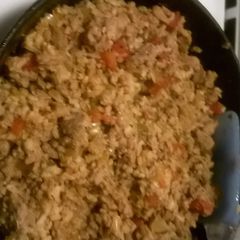 A picture of Turkey and brown rice taco filling.