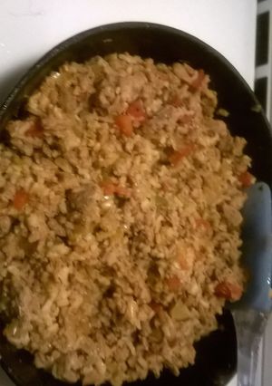 A picture of Turkey and brown rice taco filling.
