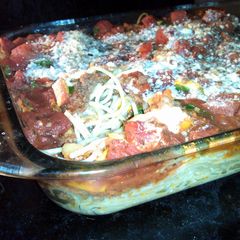 A picture of Roasted vegetable spaghetti bake.