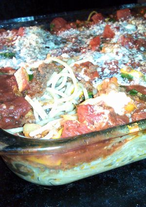 A picture of Roasted vegetable spaghetti bake.