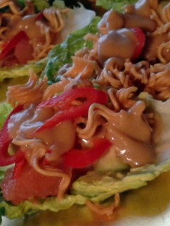 A picture of Crunchy Grapefruit & Avocado Cups with Peanut Sauce (vegan).