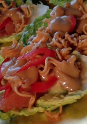 A picture of Crunchy Grapefruit & Avocado Cups with Peanut Sauce (vegan).
