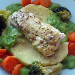 A picture of Vickys Poached Cod with Mustard Sauce, Gluten, Dairy, Egg & Soy-Free.