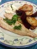 Pollack, beetroot & potato tray bake with lemony crème fraîche
