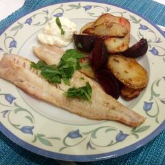 A picture of Pollack, beetroot & potato tray bake with lemony crème fraîche.
