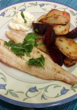 A picture of Pollack, beetroot & potato tray bake with lemony crème fraîche.