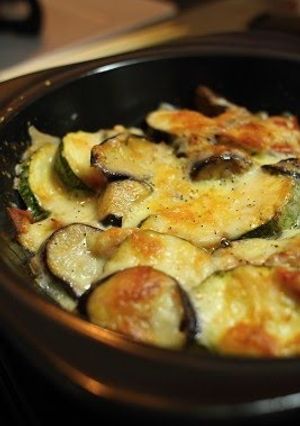 A picture of Cheesy Baked Eggplant, Zucchini, and Tomatoes.