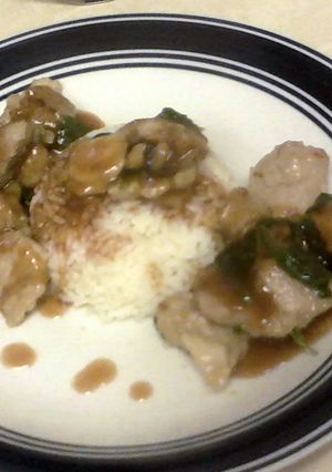 A picture of Sweet and sour pork w/quick sticky rice.
