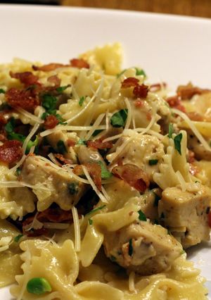 A picture of Chicken and Farfalle Pasta in a Roasted Garlic Cream Sauce.