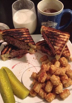 A picture of BlueCheese Stuffed Cheeseburger Grilled Cheese.