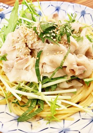 A picture of Goemon-Style Japanese Pasta with Pork Shabu-Shabu and Mizuna.