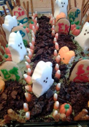 A picture of graveyard halloween cake.