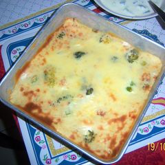 A picture of Broccoli with white sauce, mushroom and chicken.