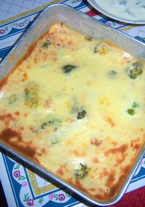 A picture of Broccoli with white sauce, mushroom and chicken.