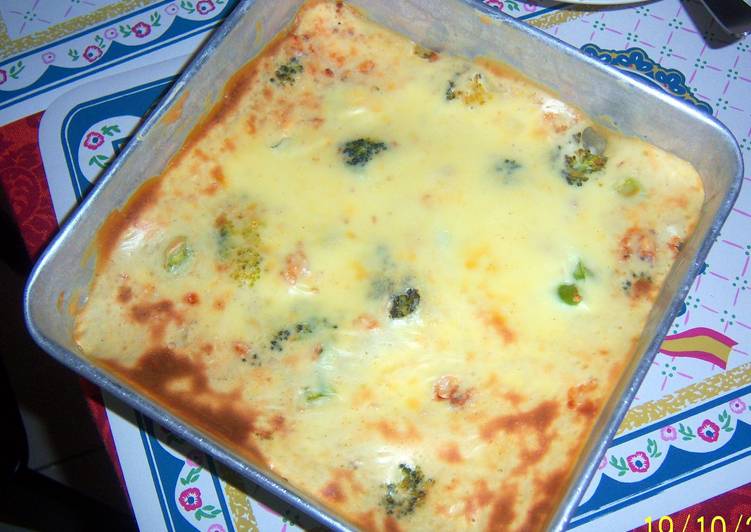 Broccoli with white sauce, mushroom and chicken