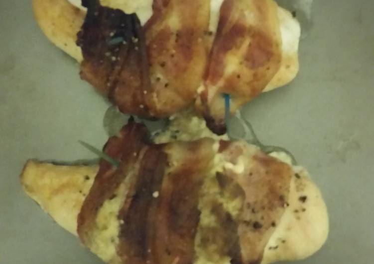 Recipe of Super Quick Homemade Bacon wrapped, stuffed chicken breast.