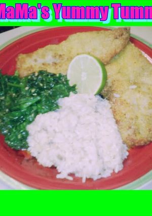 A picture of Fry Lime Fish with Spinach &Brown Rice.