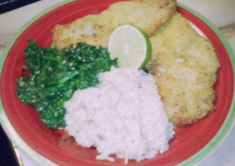 Simple Way to Make Homemade Fry Lime Fish with Spinach &amp;Brown Rice