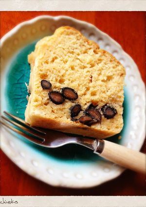 A picture of Silken Tofu Pound Cake with 'Kuromame' Cooked Black Soybeans.