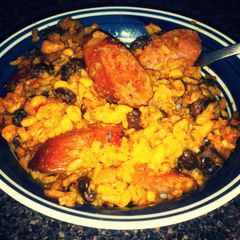 A picture of Cheesy Beans and Rice with Turkey Sausage.
