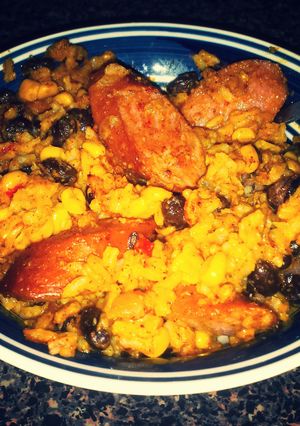 A picture of Cheesy Beans and Rice with Turkey Sausage.