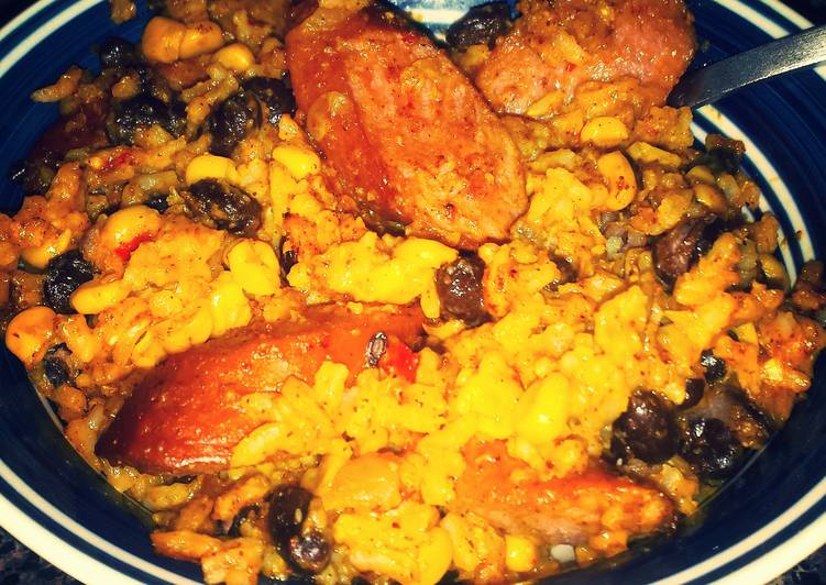 Cheesy Beans and Rice with Turkey Sausage