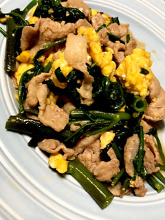 A picture of Stir-Fried Water Spinach and Pork with Oyster Sauce.