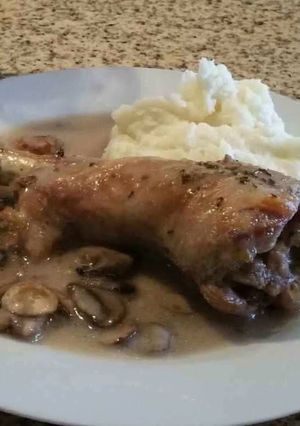 A picture of Roast turkey leg With Mushroom Gravy.