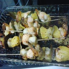 A picture of Monkfish, Salmon and Shrimp Kebabs.