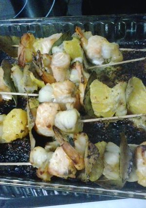 A picture of Monkfish, Salmon and Shrimp Kebabs.