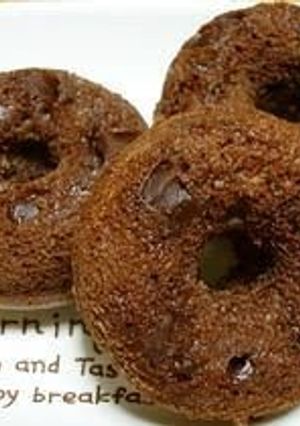 A picture of Fluffy, Rich Baked Chocolate Donuts With Pancake Mix.