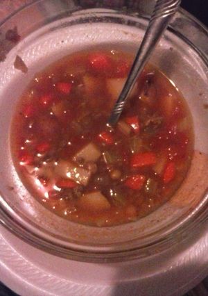 A picture of Beefy lentil and veggie soup.